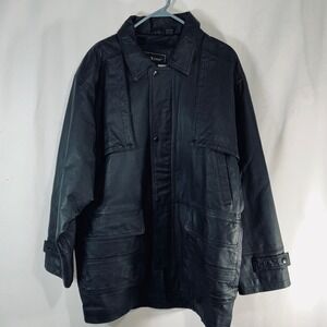 Vintage Seventh Avenue Mens Black Leather Jacket Snap Button Zip Up Utility  XL